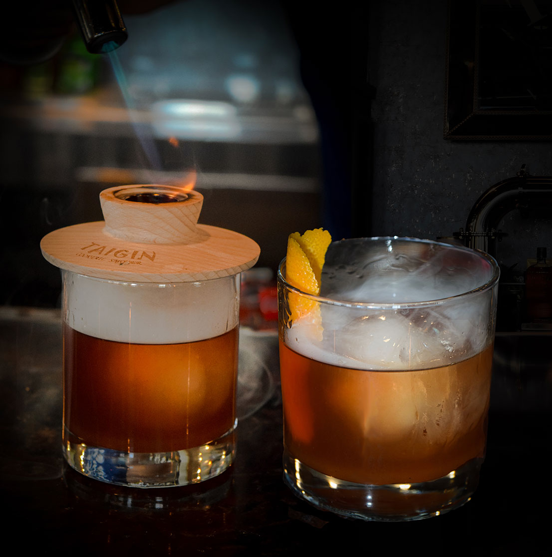 Smoked craft cocktail at Cellar & Flame steakhouse in Traverse City